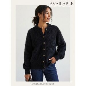 Belldini Vintage Angora Blend Fuzzy Cardigan Sweater Black Lined Gold Button L